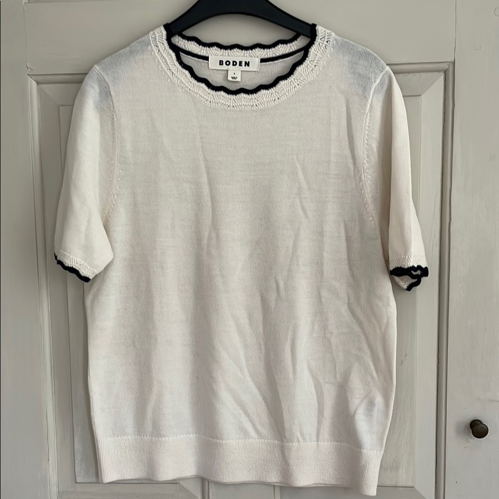 Boden Cream Knit Top with Navy Accents